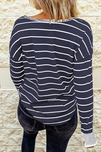 Navy Blue and White Striped Long Sleeve Waffle Textured Top