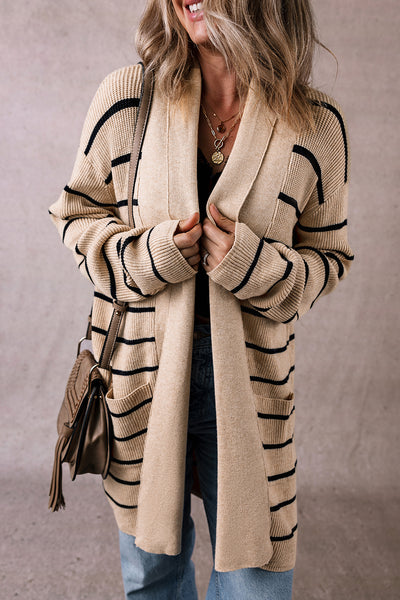Black Striped Open Front Cardigan with Pockets