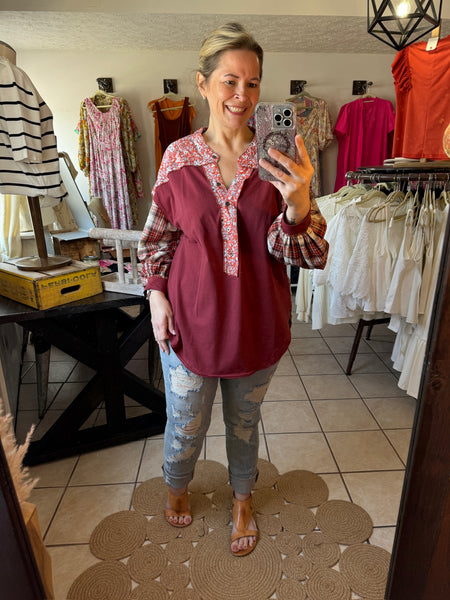 Maroon Plaid and Floral Top