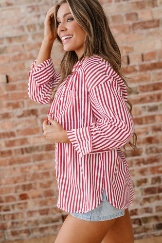Red and White Striped Button Up Long Sleeve Top