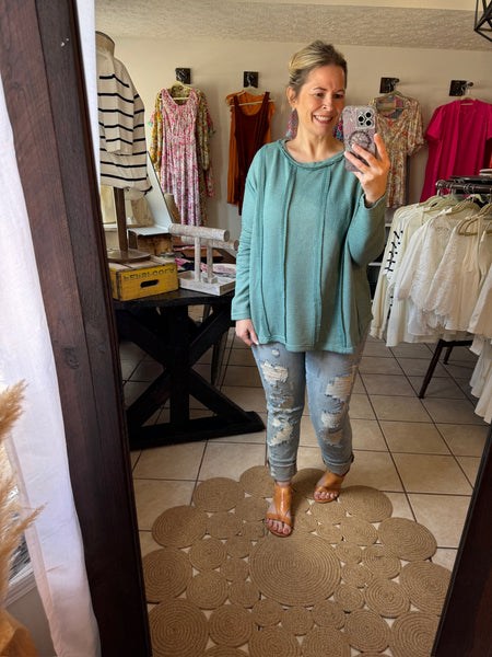 Dusty Teal Waffle Texture Top with Reverse Seams