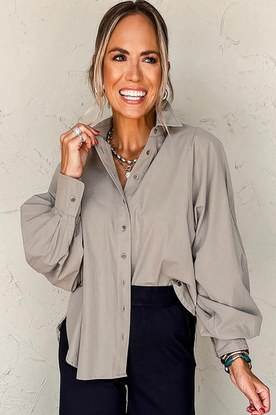 Gray Balloon Sleeve Button Up Top