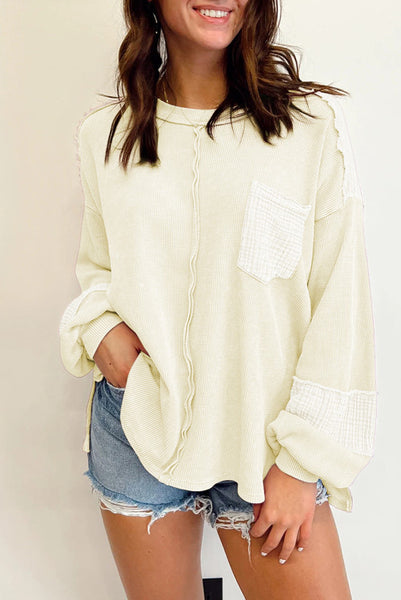 Cream Mixed Textures Long Sleeve Top with Exposed Seam Detailing