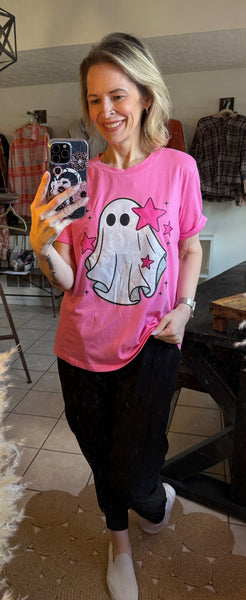Candy Pink Short Sleeve Tee with Friendly Ghost and Stars