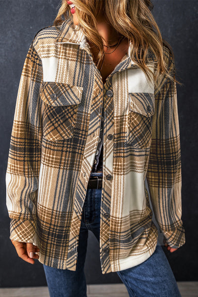 Brown Plaid Fleece Button Up Shacket