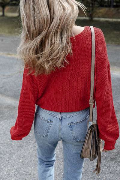 Red Textured Knit V-Neck Drop Shoulder Sweater