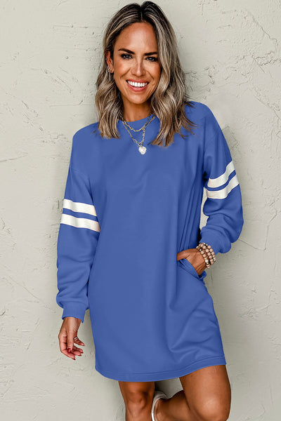 Royal Blue Shift Sweatshirt Dress with Sleeve Contrasting Varsity Stripes and Pockets