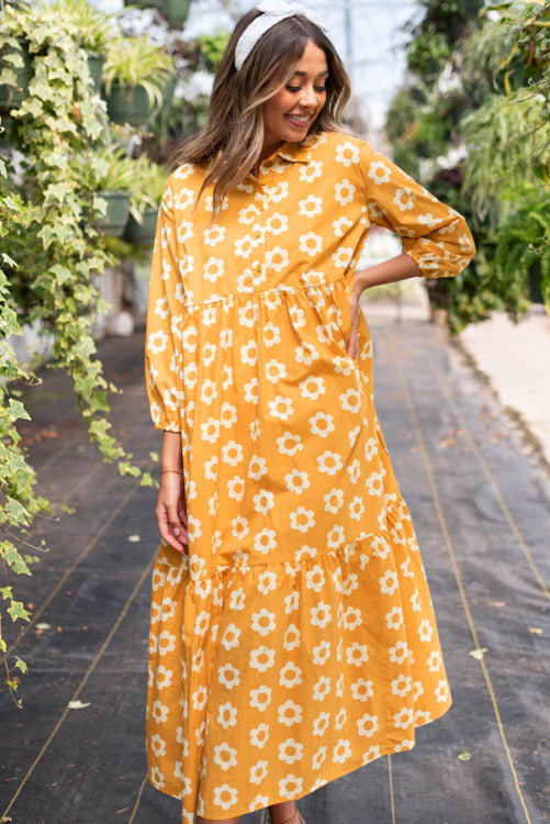 Yellow Floral Boho 3/4 Length Sleeve Dress