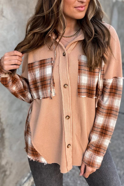 Waffle Knit and Plaid Patchwork Button Up Hooded Long Sleeve Top