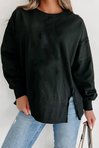 Black Exposed Seam Pullover with Side Slits