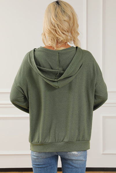 Green Lace Up Neck Hooded Pullover with Kangaroo Pocket