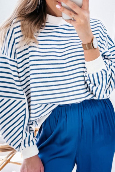 Blue and White Striped Loose Fitting Pullover