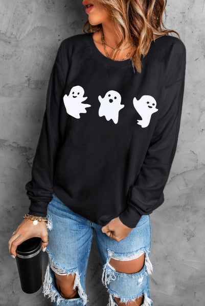 Friendly Ghost Trio Crewneck Sweatshirt Pullover - Black Halloween Crewneck Sweatshirt