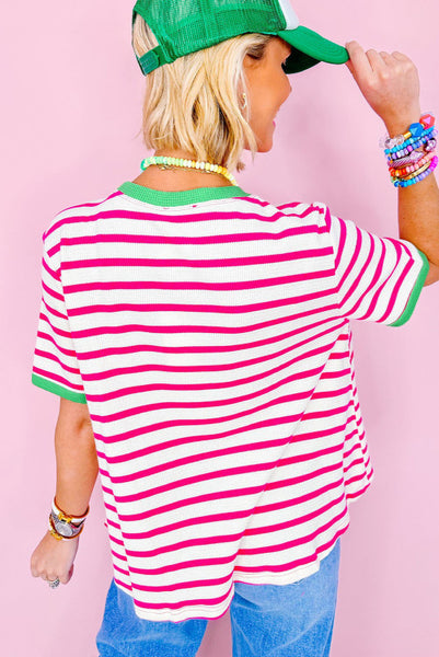 Pink Striped Top with Green Contrast Trim