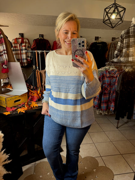 Blue and Cream Open Knit Drop Shoulder Sweater