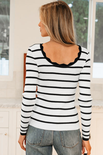 Black and White Striped Long Sleeve Ribbed Top with Scalloped Neckline Trim