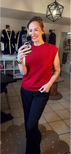 Red Crew Neck Knit Cap Sleeve Sweater