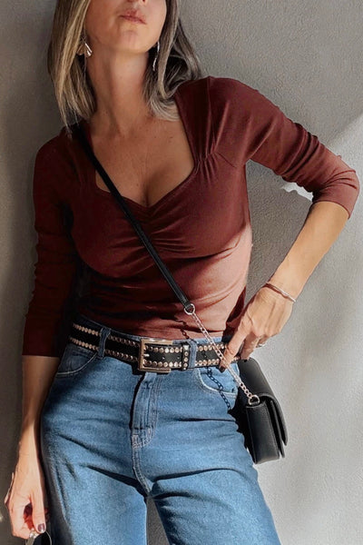 Brick Red Gathered Bust Square Neckline Ribbed Long Sleeve Top - Sweetheart Neckline