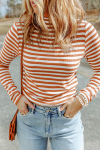 Orange Striped Fitted Turtleneck Top