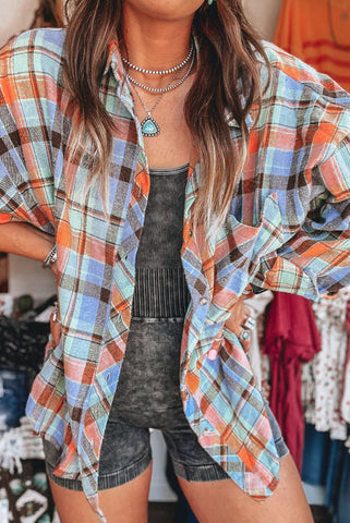 Light Blue Button Up Plaid Flannel Top