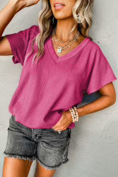 Pink Crinkle Textured V-neck Short Sleeve Top