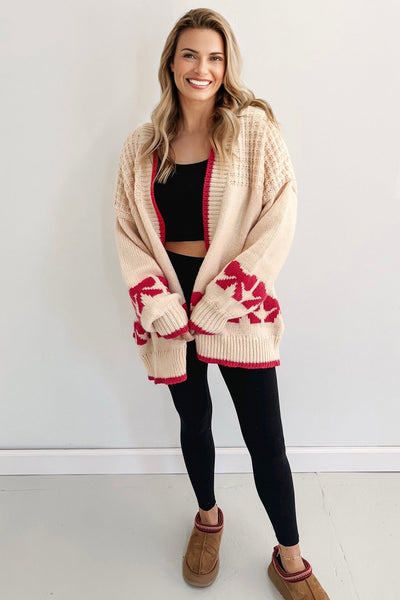 Bow Print Textured Open Front Cardigan