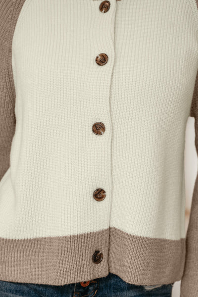 Light Mocha Brown and Creamy White Colorblock Button Front Cardigan