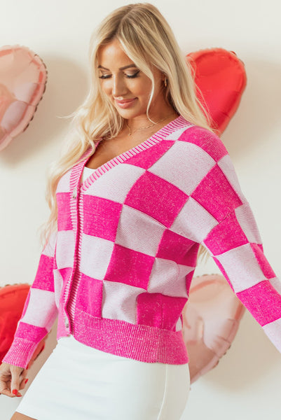 Pink Checkered Button Up Shorter Length Cardigan - Valentines Day