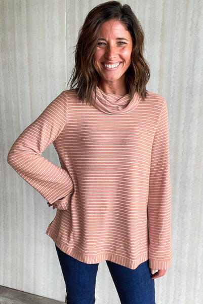 Pink and White Striped Cowl Neck Longer Length Long Sleeve Top