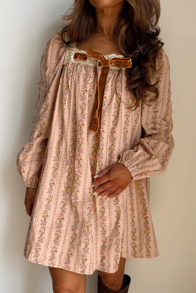 Vintage Floral Fully Lined Square Neck Dress with Velvet Bow