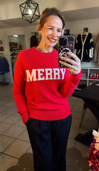 Red Raglan Sleeve Sweater with White Shimmer MERRY Lettering