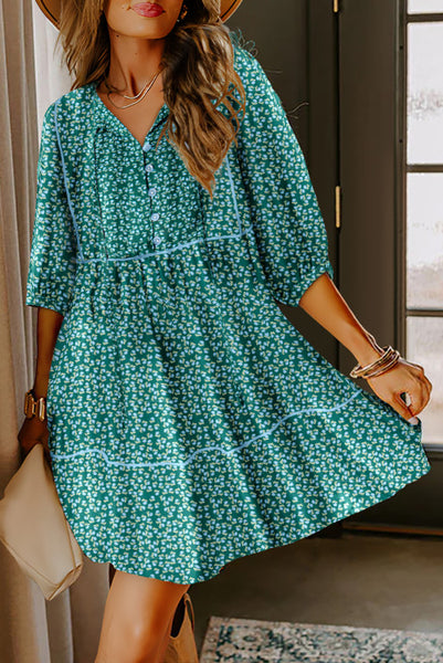 Green and Blue Floral Contrast Trim Swing Dress with Button Tie V-Neckline