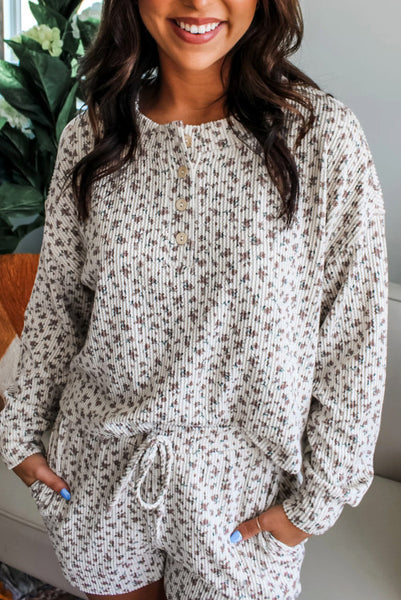 Ditsy Floral Loungewear Shorts and Long Sleeve Henley Top Set