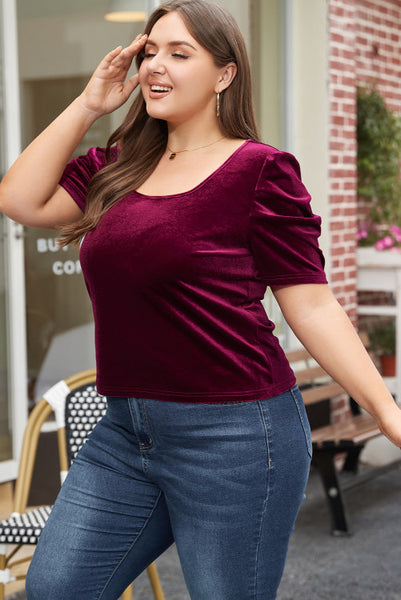 Curvy Burgundy Short Sleeve Velvet Top