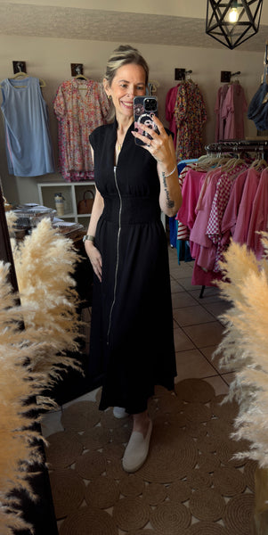 Black Shirred Waist Zip Up Maxi Dress