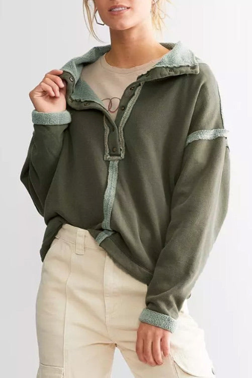 Olive Henley Style Mixed Materials Pullover