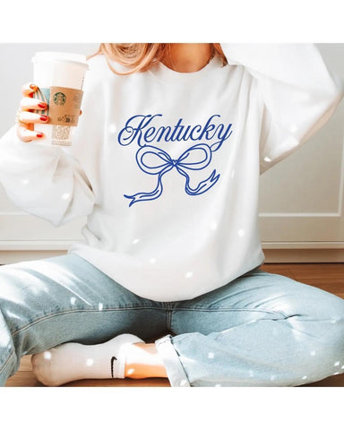 Kentucky Coquette Bow Design - Sweatshirt - Script Lettering - White Sweatshirt with Royal Blue Lettering