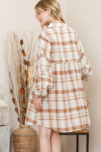 Brown Plaid Collared Long Sleeve Dress with Pockets