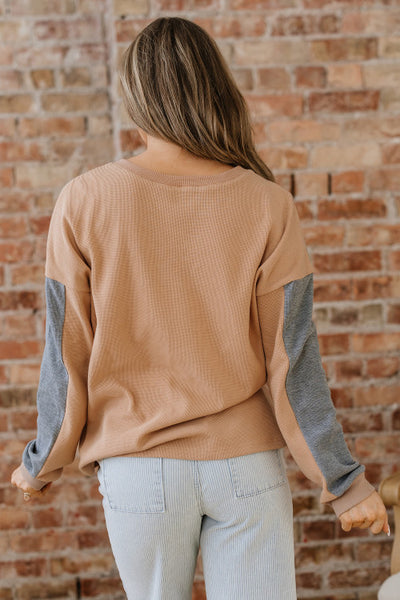 Colorblocked Thermal Waffle Knit Textured Henley Long Sleeve Top