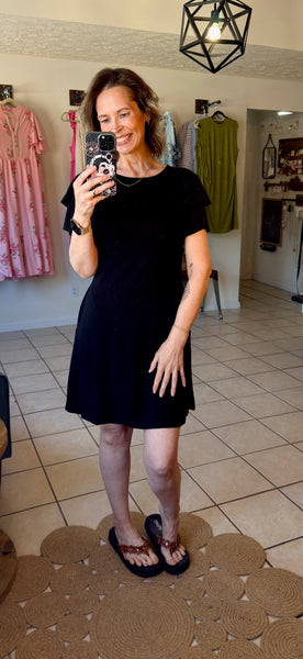 Black Ruffle Sleeve Dress with Pockets
