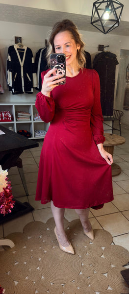 Burgundy Ruched Detail Long Sleeve Midi Dress