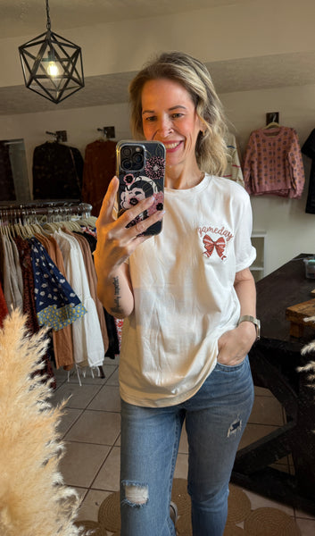 White Tee with Embroidered Ball Style Bow Game Day Graphic