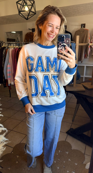 White with Contrast Trim and Royal Blue and White Block Lettering GAME DAY Pullover Sweatshirt