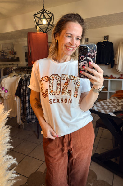 White Short Sleeve Cozy Season with Floral Lettering Tee