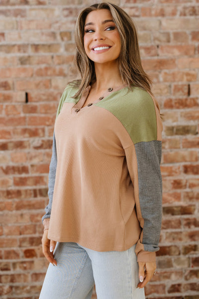 Colorblocked Thermal Waffle Knit Textured Henley Long Sleeve Top