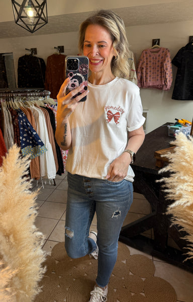 White Tee with Embroidered Ball Style Bow Game Day Graphic