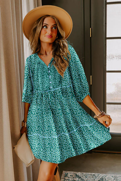 Green and Blue Floral Contrast Trim Swing Dress with Button Tie V-Neckline