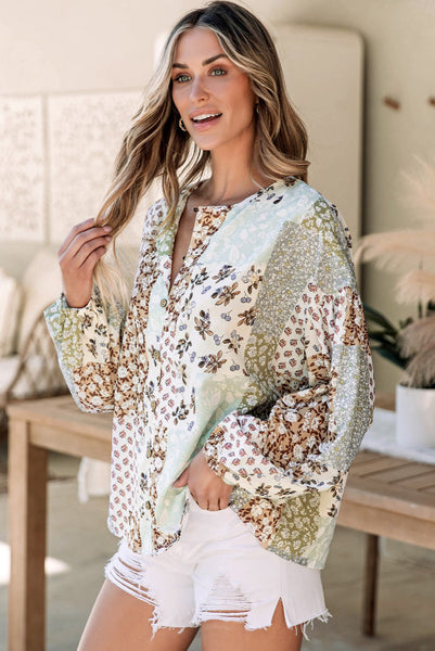 Mixed Floral Patchwork Long Puff Sleeve Top