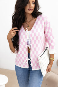 Super Soft Pink Checkered Tie Front Sweater Knit Cardigan