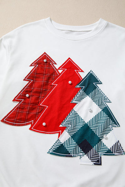 White Plaid Christmas Tree Patchwork with Pearl Details Sweatshirt Pullover
